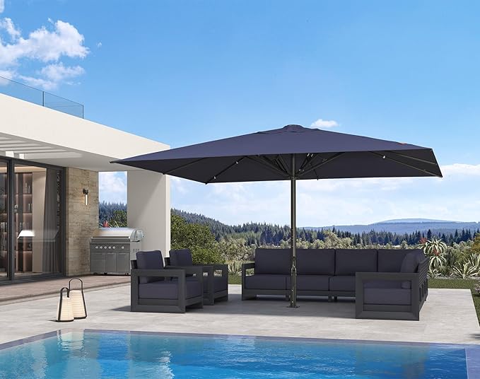 PURPLE LEAF 15' x 11' Rectangular Semi-Auto Outdoor Patio Umbrella Aluminium Market Umbrella Table Sun Umbrella with 3.15" Rod and 8 Sturdy Ribs for Deck Lawn Pool Garden, Navy Blue