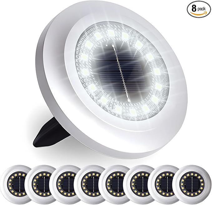 Solar Ground Light 8 Packs, Upgraded 16-LEDs Solar Outdoor Light for Patio, Mower-Friendly Withstand 200lbs Solar Powered Lights, IP66 Waterproof & Reusable Spike, Cool White