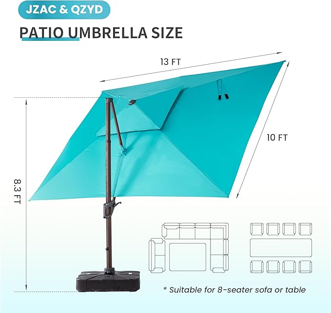 JZAC & QZYD 10X13 FT Outdoor Cantilever Patio Umbrella with Base Included and LED Lights, Large Heavy Duty 2-Tier Aluminum Offset Umbrellas with 360-Degree Rotation for Pool Deck, Turquoise