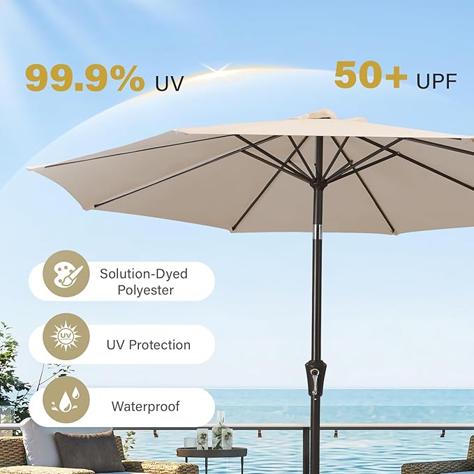 MEWAY 10ft Patio Umbrella Outdoor Table Umbrellas with Push Button Tilt and Crank, Market Umbrella 8 Sturdy Ribs for Deck, Garden, Pool and Backyard, Beige