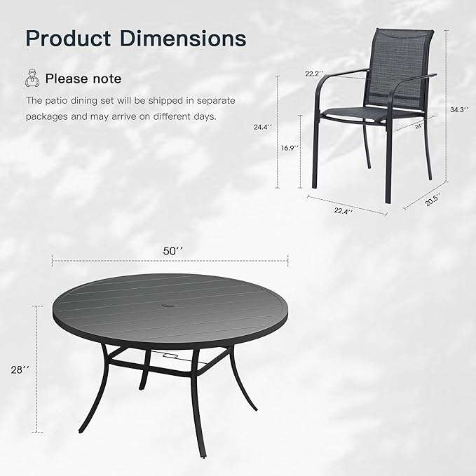 VICLLAX 7 Pieces Patio Outdoor Dining Set, 50" Round Metal Table with Umbrella Hole and 6 Stackable Textilene Chairs for Lawn, Garden, Porch, Black/Grey