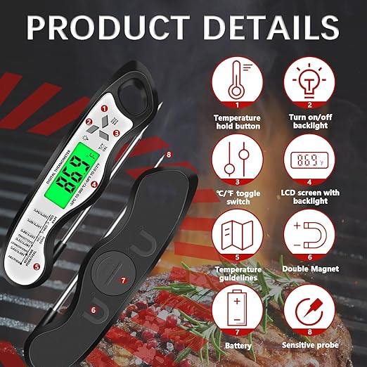 Meat Thermometer Digital，IP67 Waterproof Cooking Thermometer with Backlight, Calibration & Hold Function，Food Thermometer for Cooking,Outdoor Grilling