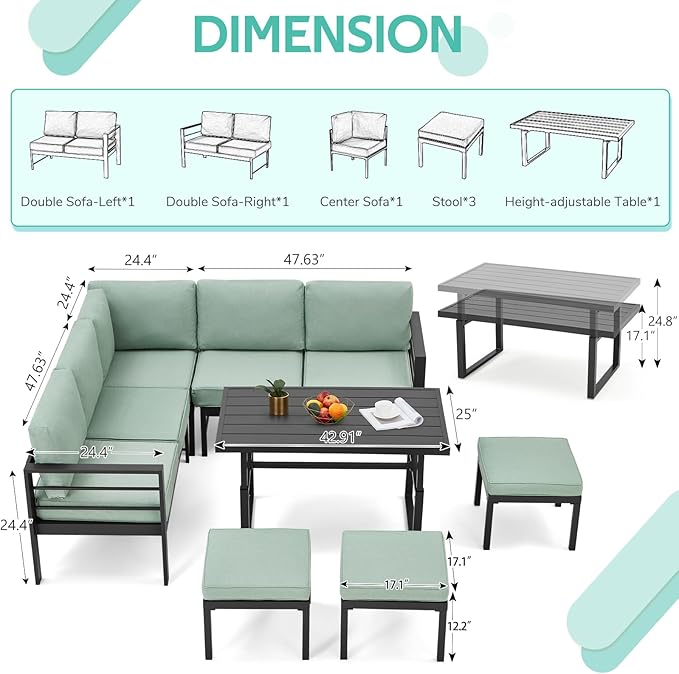 All Weather Aluminum Frame Patio Conversation Set, 7 Pieces Outdoor Patio Furniture, Patio Furniture Set, Outdoor Patio Set for Lawn, Garden, Balcony, Poolside, Conversation Set(Green)