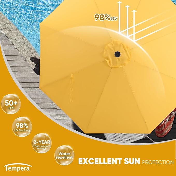 Tempera Patio Market Outdoor Table Umbrella with Push Button Tilt and Crank, Large Sun Umbrella with Sturdy Pole & Fade Resistant Canopy, Easy to Set
