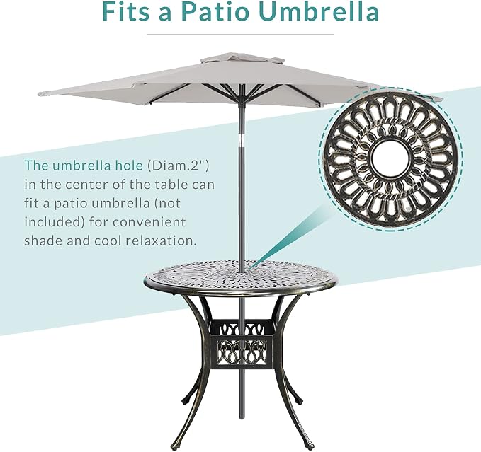 MEETWARM 5-Piece Outdoor Patio Dining Set, All-Weather Cast Aluminum Patio Conversation Set for Backyard Garden Deck with 4 Cushions Swivel Rocker Chairs and 35.4" Round Table, 2.2" Umbrella Hole