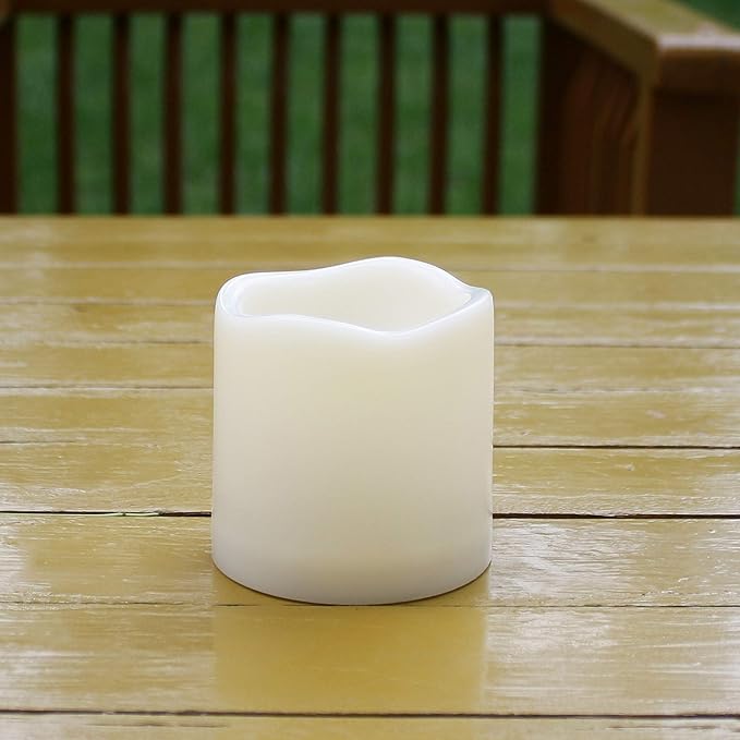 4 Waterproof Outdoor Battery Operated Flameless LED Pillar Candles with Remote Flickering Plastic Electric Decorative Light Set for Home Décor Garden Patio Decoration Party Wedding Supplies 3x3 Inches
