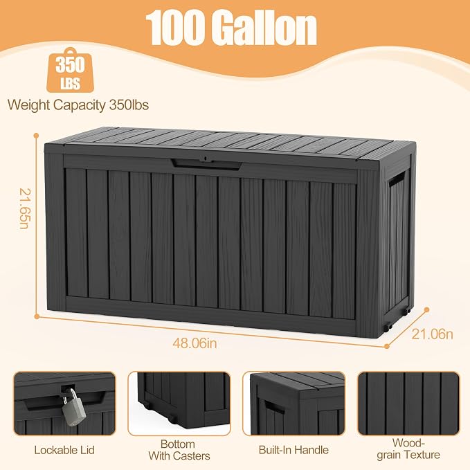 Outdoor Storage Box, 100 Gallon Resin Deck Box, Lockable Indoor Outdoor Waterproof Storage Bins With Bottom Wheels for Patio Cushions, Gardening Tools, Black