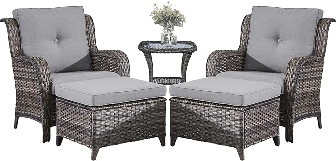 Belord Outdoor Wicker Furniture 5 Pieces Patio Furniture Set Patio Chairs with Ottomans and Side Table Conversation Set for Porch Garden Deck Balcony Poolside
