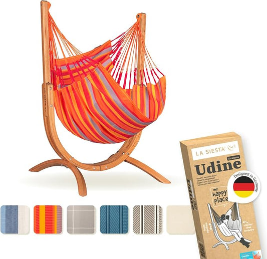 LA SIESTA Udine Outdoor Hammock Chair Set with freestanding Wooden Stand, Double-Size Weather-Resistant Hammock Chair with FSC-Certified Eucalyptus Wood Stand - Toucan