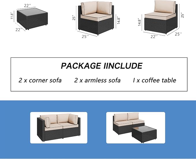 5 Piece Outdoor Patio Furniture Set,Black PE Rattan Wicker Sectional Sofa, All Weather Conversation Set with Washable Cushions & Glass Coffee Table for Backyard Poolside Garden Porch,Khaki