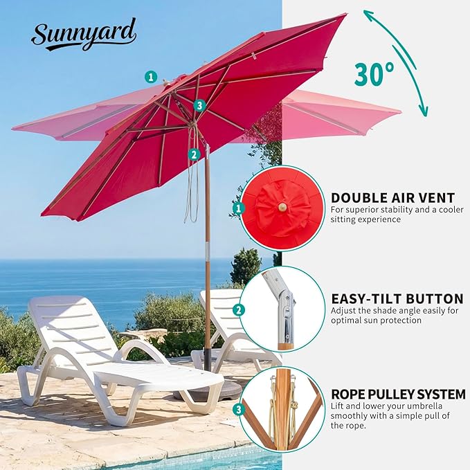 9FT/10FT Bamboo Patio Umbrella, Large Outdoor Umbrella with UPF 50+ Sun Protection, Rope Pulley Lift & Push-Button Tilt, 8-Rib Ventilated Canopy for Garden, Deck, Backyard & Outdoor Dining
