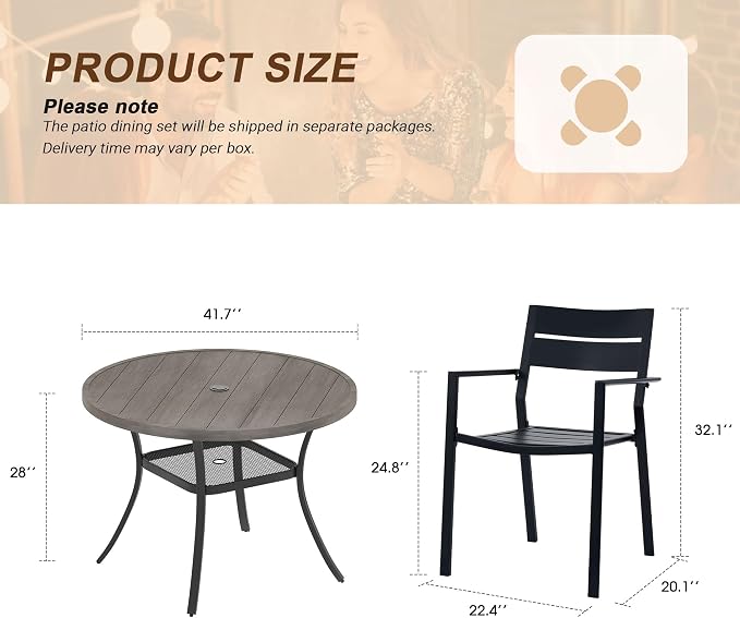 VICLLAX Patio 5 Pieces Outdoor Dining Set, Wrought Iron Metal Outdoor Table and Chairs Set, 40.6" Round Table with Umbrella Hole and 4 Stackable Chairs for Lawn, Garden, Porch, Grey/Black