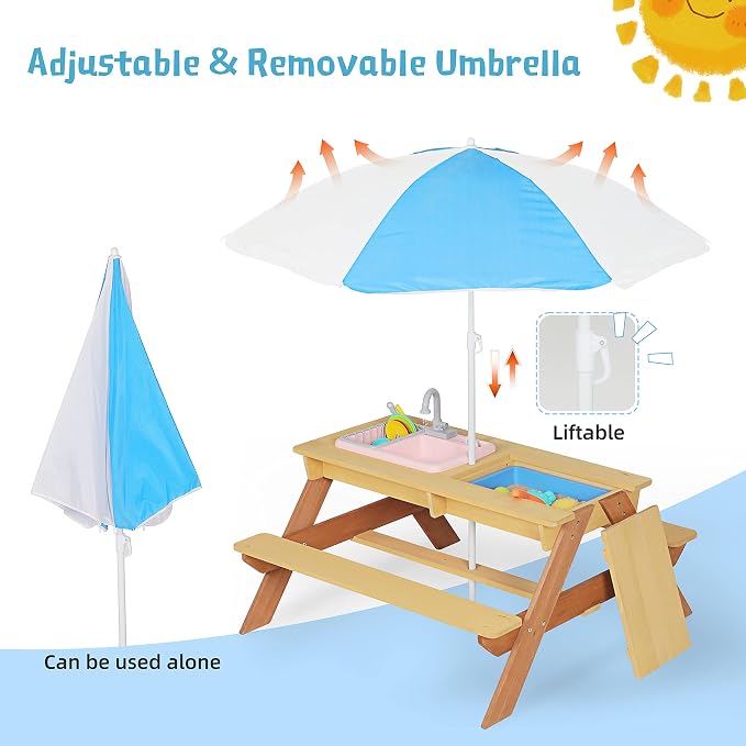 Wooden Kids Picnic Table, 3-in-1 Sand and Water Table with Height Adjustable Umbrella, Activity Table for Outdoor Backyard Patio Play