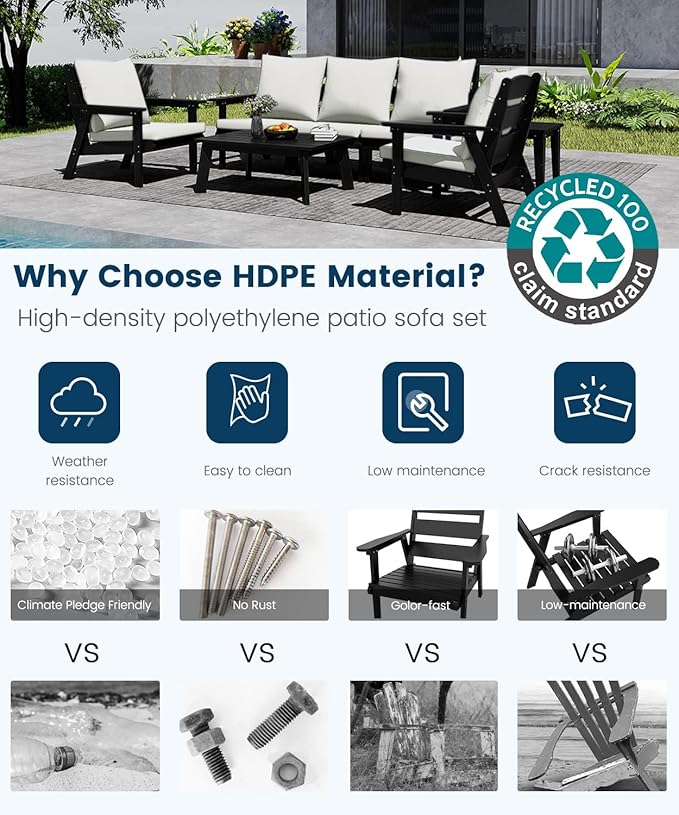 FOOWIN 7-Piece Patio Furniture Set, HDPE All-Weather Outdoor Conversation Set with Thick Cushions, Sectional Patio Sofa Furniture for Deck, Porch, Lawn, Garden, Black Frame & White Cushion