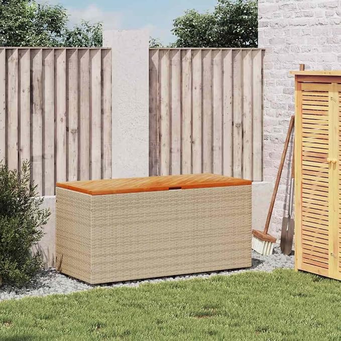 Modern Beige Garden Storage Box 43.3 in Outdoor Deck Box with Acacia Trim, UV Safe Cushion Chest for Patio, Balcony & Sunroom, 19.7 x 21.3 in, 30 lbs, Tool & Blanket Organizer