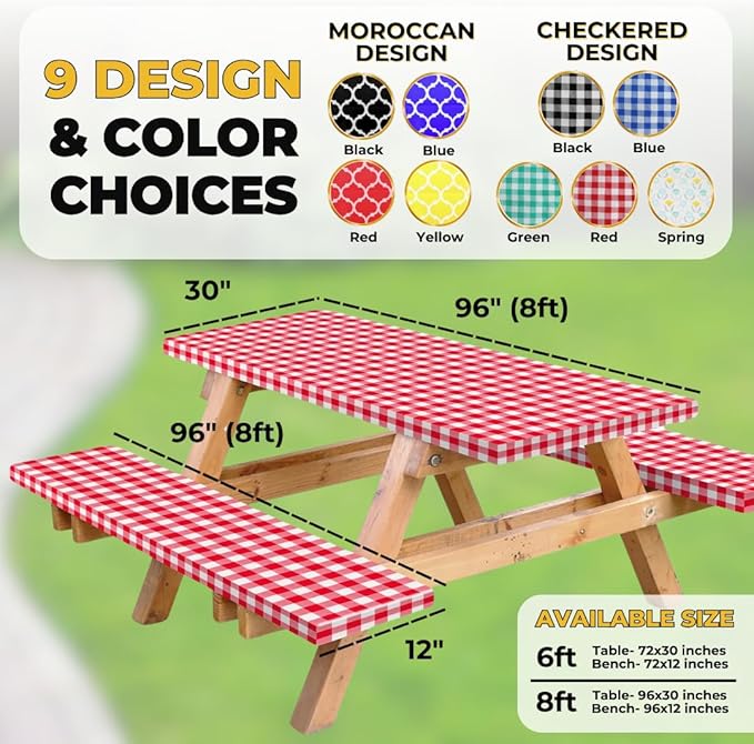 RNOONY Vinyl Fitted Picnic Table Cover with Bench Covers and Bag,8ft Outdoor Waterproof Picnic Tablecloth with Elastic Edges, 96x30 Inches 3 Pcs Set (Red Checkered)