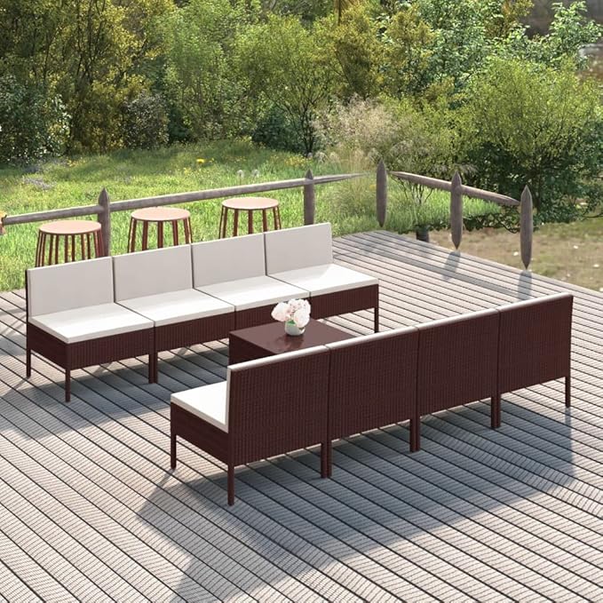 Patio Lounge Set with Cushions,Patio Furniture Sets,Patio Conversation Sets,Outdoor Furniture Sets,for Garden,Backyard,Outdoor,9 Piece Poly Rattan Brown