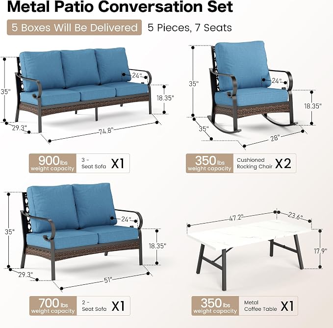 SUNSHINE VALLEY 5 Piece Metal Outdoor Patio Furniture Set, Patio Conversation Set with 3-Seater Sofa, Loveseat, 2 Rocking Sofa (5.75" Thick Cushion) & Coffee Table Black Backyard Furniture, Denim Blue