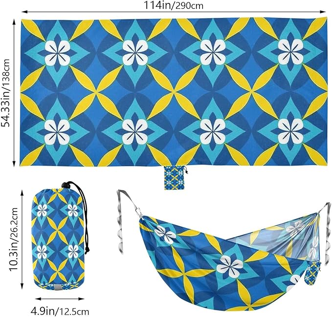 Blue and Yellow Japanese Vintage Flowers 330lb Capacity Hammocks with Portabl Carry Bag Rope Hammock for Outside Patio Backyard Poolside hamaca con soporte para adultos