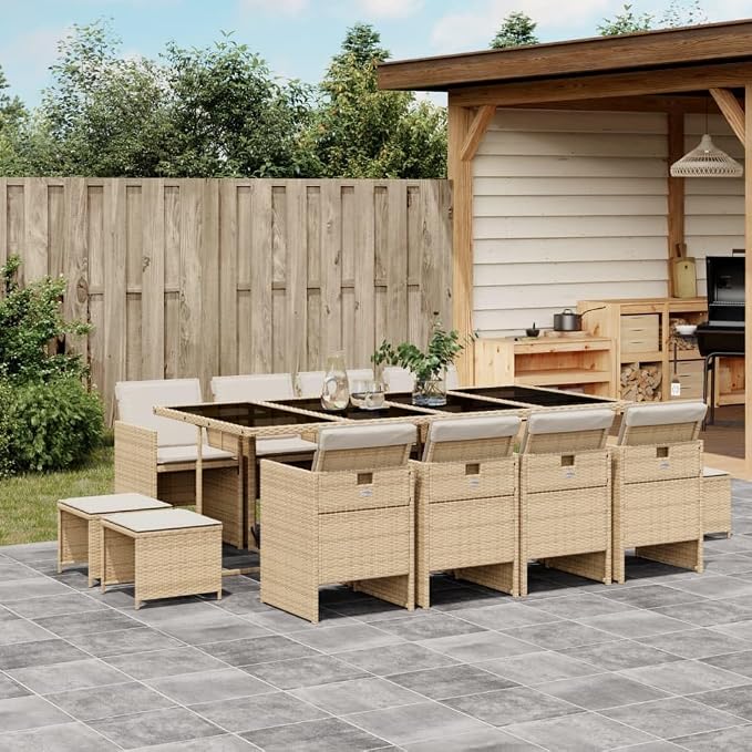 13 Piece Outdoor Dining Set with Cushions Poly Rattan Patio Furniture with Folding Chairs and Stools for Garden Backyard Deck Entertaining Beige Black