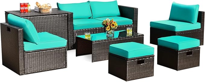 Tangkula 8 Piece Patio Furniture Set, Patiojoy Outdoor Space Saving PE Rattan Sectional Sofa Set for 6 with Waterproof Cover, for Garden, Deck, Poolside and Balcony (Turquoise)
