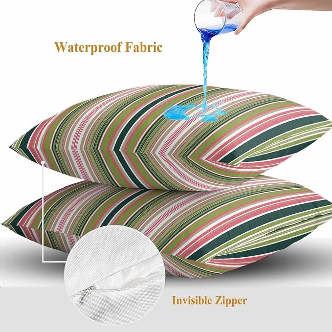 Outdoor Waterproof Throw Pillow Covers Set of 2 Sage Green Striped Pillowcases 20x20 Inches Geometric Pink Stripes Decorative Pillows Cushion Case Patio Pillows for Couch Bed Chair Garden