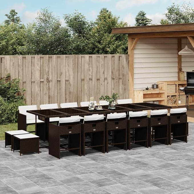 17-Piece Outdoor Patio Dining Set, 16-Seater Poly Rattan Garden Furniture with Cushions, Foldable Chairs and Stools for Backyard Space-Saving