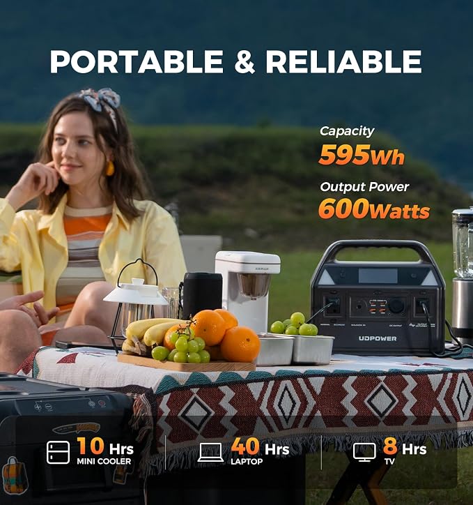 UDPOWER C600 Solar Generator with 120W Panel, 595Wh LiFePO4, 600W (Surge 1200W) AC Outlet, Portable Power Station for Camping RV Emergency Backup Brown