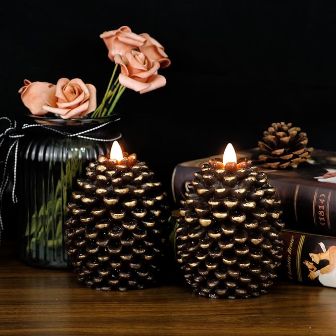 LED Flameless Pinecone Candles with 6H Timer, Battery Operated Waxy Pillar Candles, 2 Pack Christmas Candles Flickering Acorn Decor Woodsy Home Décor Christmas Gifts(Brown, 3.5 x 4.7 Inch)