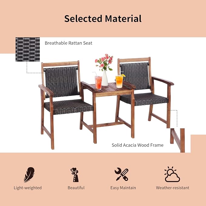 Tangkula Acacia Wood Garden Bench, Patiojoy Rattan Companion Loveseat Chair with Coffee Table and Parasol Hole, 2-Seater Outdoor Conversation Furniture Set for Backyard, Poolside, Balcony (Brown)