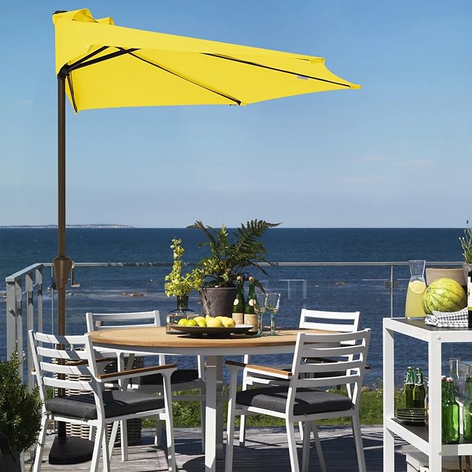 JEAREY 9ft Half Umbrella Outdoor Patio Umbrella Market Umbrellas with Crank, 1/2 Round Wall Umbrella 5 Sturdy Ribs UV Protection for Pool Garden Balcony Deck, Yellow