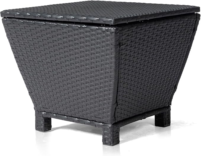 Outdoor PE Wicker Side Table with Storage, Small Patio Storage Bin Container for Hose Cushion Towel (Black)