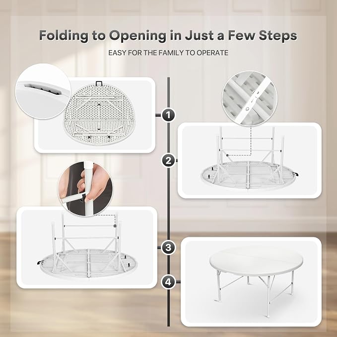 Athena Collection 5ft Folding Table, Portable Plastic Round Table Foldable Card Desk, Indoor Outdoor Collapsible Craft Desk Dining with Lock & Handle for Commercial Party Camping, White Legs