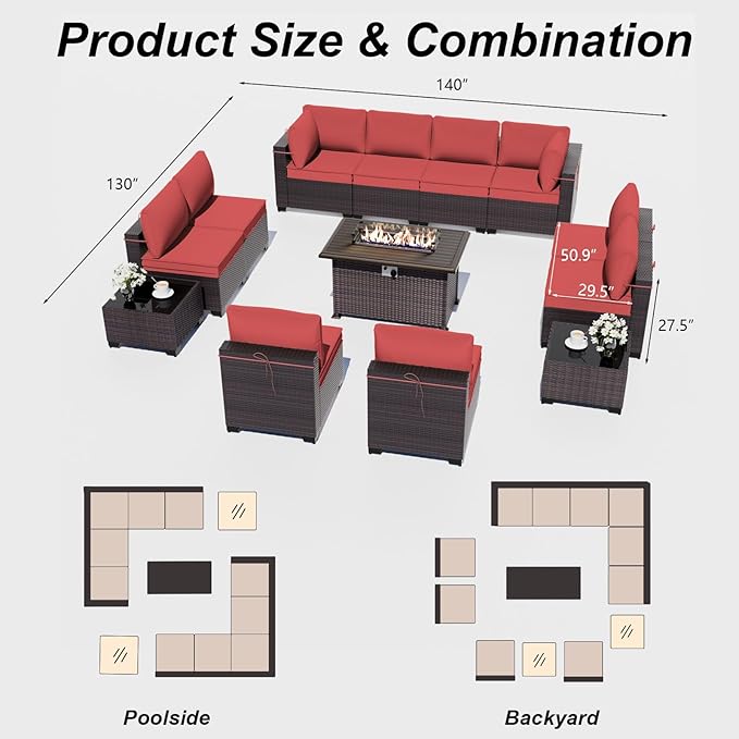 ALAULM 13 Pieces Patio Furniture Set with Fire Pit Table Outdoor Sectional Sofa Sets Outdoor Furniture 43" Gas Fire Pit CSA Approved PE Rattan Patio Conversation Set w/10 Seat Cushions (Red)