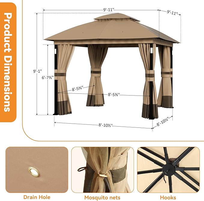 Covered Outdoor Patio Gazebo 10'x10' with LED Lights & Bluetooth Speaker, Heavy Duty Outdoor Canopy Shelter with Metal Frame, Double Roofs, Soft Top Gazebo with Netting and Curtains, Khaki