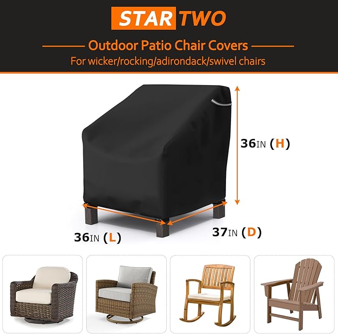STARTWO Patio Outdoor Chair Covers 2 Pack, Outdoor Furniture Covers Waterproof adapter for Lawn Lounge Seat, Wicker, Swivel, Adirondack, Rocking Chairs, 36"W x 37"D x 36"H inch, Black