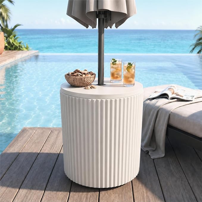 SUNBURY Umbrella Side Table, Outdoor Patio Table with Umbrella Hole for Porch, Round Base Outdoor Garden Stand for Modern Coffee, Picnic or Poolside Table, Easy Assembly, White