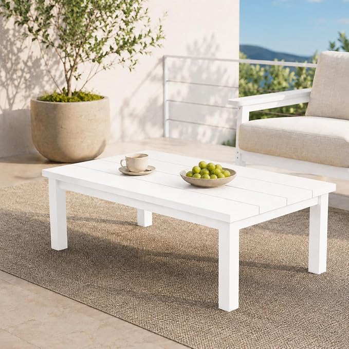 HDPE Outdoor Coffee Table, Weather-Resistant Rectangle Patio Coffee Table with Large Tabletop for Balcony, Deck, Garden, Poolside (White)