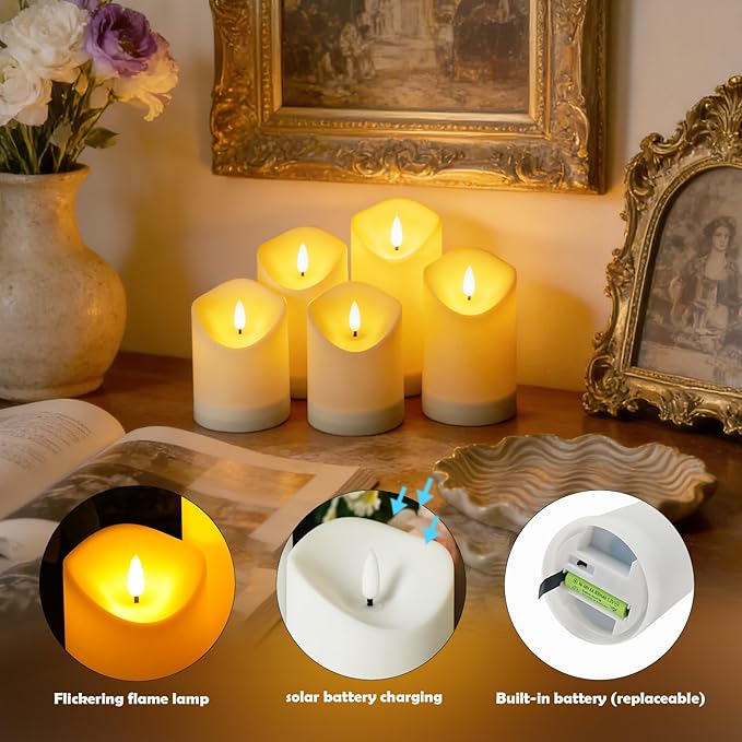 Nimiko Solar Outdoor Waterproof Flameless Candles - 5 Pack Solar & Battery Operated LED Candles, White (D3.25" x 4"/5"/6" Assorted Heights) for Garden, Patio, Outdoor Decoration
