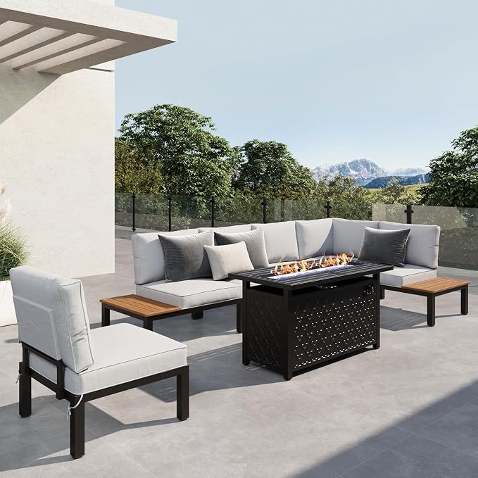 Sophia & William 6 Piece Metal Outdoor Sectional with Fire Pit Table, Modern Patio Furniture Set with Cushion, Modular L-Shape Outdoor Couch Patio Conversation Set for Deck Garden Backyard