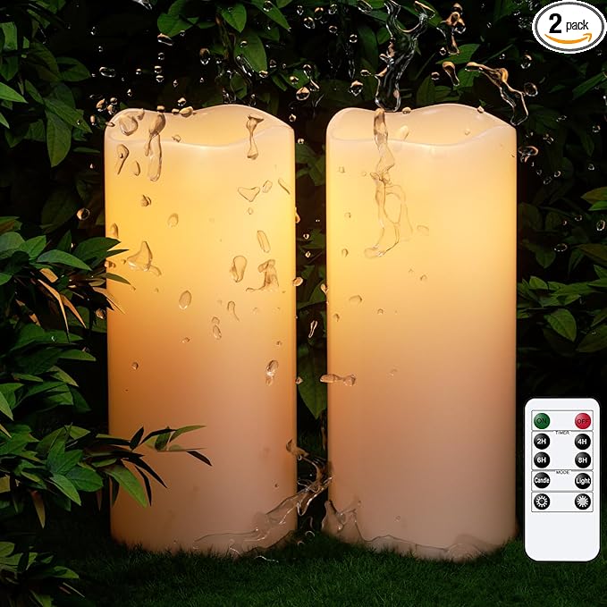 GenSwin Waterproof Outdoor Flameless Candles Battery Operated with Remote Timer, Large Flickering LED Pillar Candles for Indoor Outdoor Lanterns, Won’t melt, Long-Lasting(White, Set of 2) D4 x H8 8"