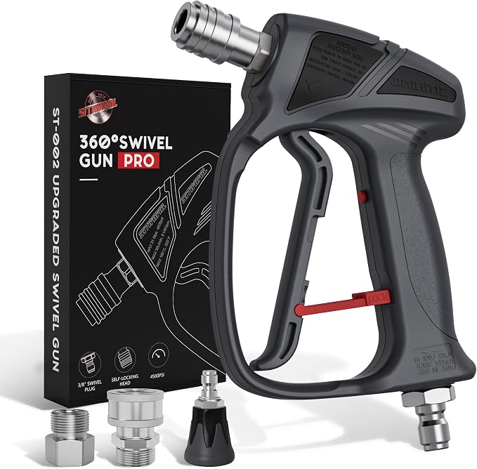 SITIMIMIL® Short Pressure Washer Gun Swivel Pro, Tangle-Free, Power Washer Gun with Self-Locking Spout Design, 3/8" QC Plug to M22-14/15mm (Brass, Stainless Steel, Grey Black)