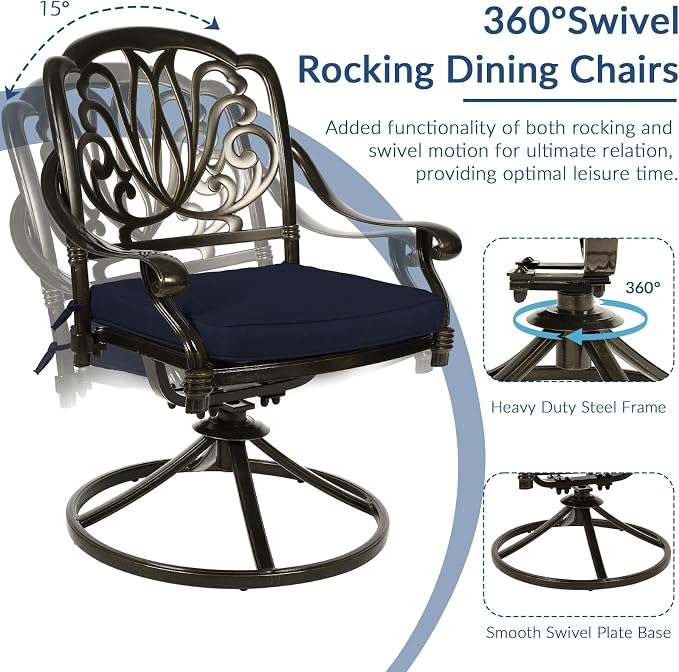 9-Piece Patio Cast Aluminum Dining Set, Outdoor Dining Furniture Set for 8 Person, Includes 94.5" Rectangular Dining Table and 8 Swivel Chairs with Umbrella Hole, Navy Blue