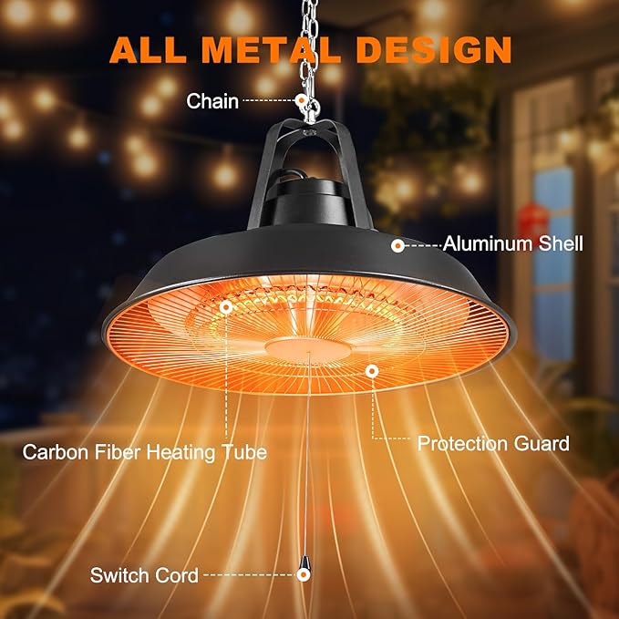 Electric Outdoor Patio Heater, 1500W Ceiling Mounted Heaters, Hanging Carbon Infrared 600W 900W 1500W IP34 Radiant Heater for Garage, Gazebos, Shop, Deck