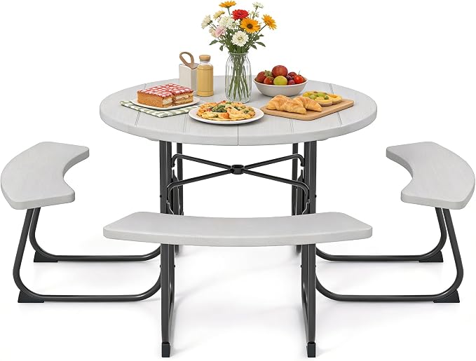 COSTWAY Round Picnic Table with Umbrella Hole, Outdoor Picnic Table with Bench Set for 4-8 People, HDPE Tabletop, Patio Dining Furniture Set for Family Gatherings, BBQ Party, Backyard (Grey)