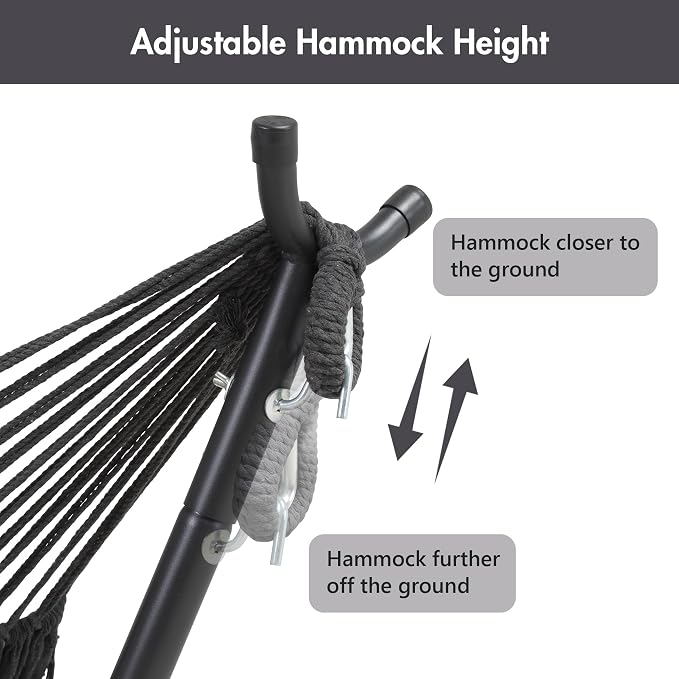 ANOW Double Space Saving Hammock with Stand, Dark Gray with Tassels | Height Adjustable, Portable, Heavy-Duty Steel Stand, Indoor Outdoor Use, 475 Lbs Capacity