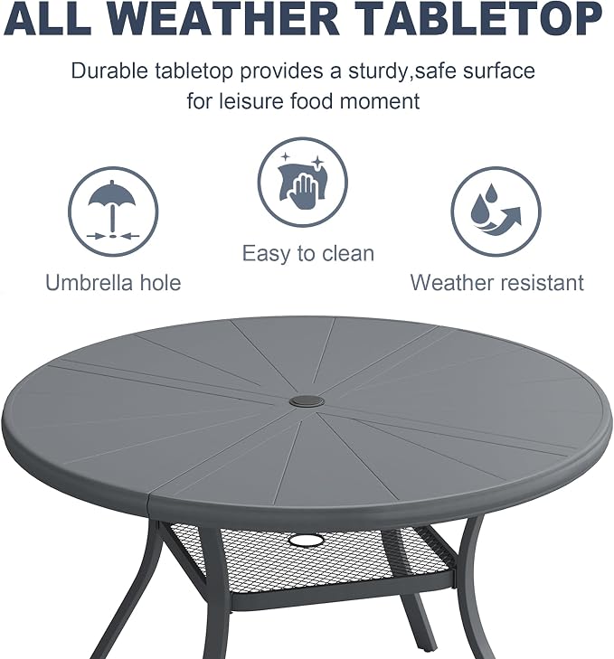 VICLLAX Round Patio Dining Table, 4 Person Aluminum Outdoor Dining Table with Umbrella Hole and Storage Shelf for Garden Lawn Deck, 40.6" Dark Grey