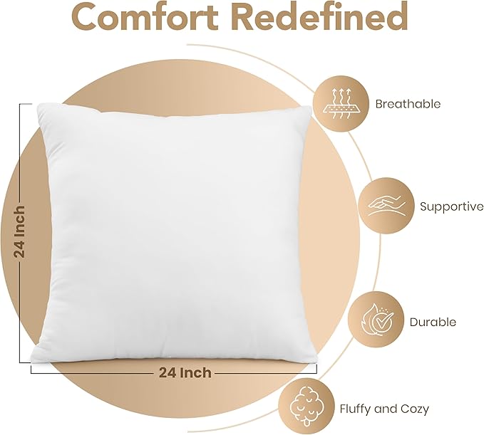 Utopia Bedding Outdoor Pillow Inserts 24 x 24 Inches (Pack of 2, White), Water Resistant Garden Throw Pillows for Patio and Porch Furniture