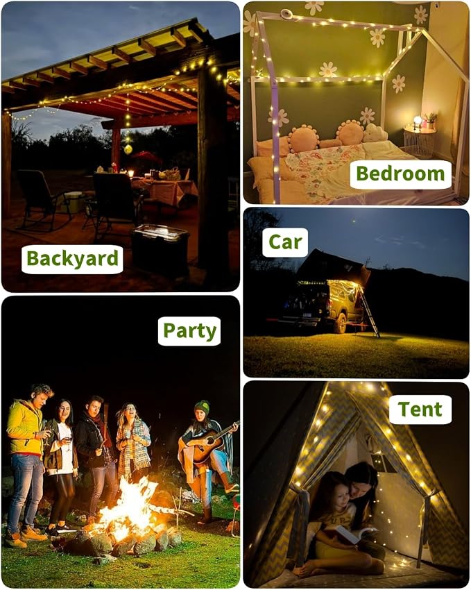 Solar Camping String Lights, 39.4 FT Fairy String Light, 4 in 1 Portable Waterproof Camp LED Lamp with 8 Lighting Modes, Hanging Rechargeable Tent Lantern for Outdoor Garden Patio Party Essentials