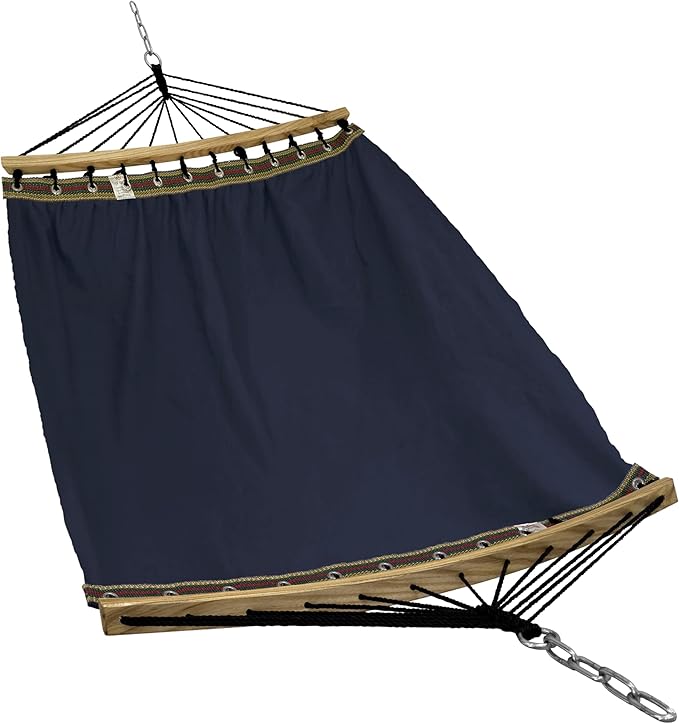 Tranquillo Double Hammock 2 Persons Cotton Canvas 600 lbs Portable Camping Hammock with Solid Curved Wood Spreader Bar Hammock for Camping Trave Outdoor Adventures Indoor Patio Garden, Navy